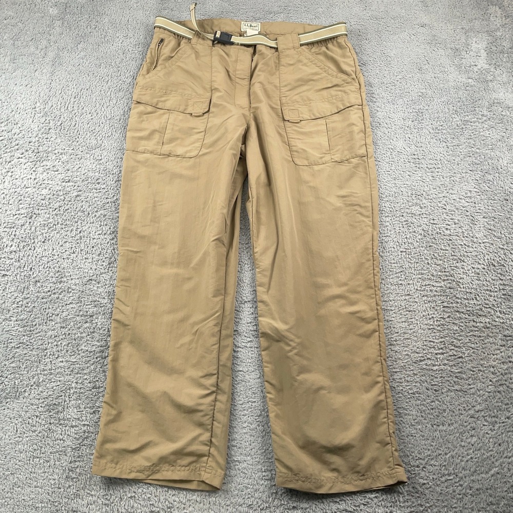 LL Bean Pants Mens Large 35x27 Tan Nylon Cargo Hiking Outdoor Belted Lightweight